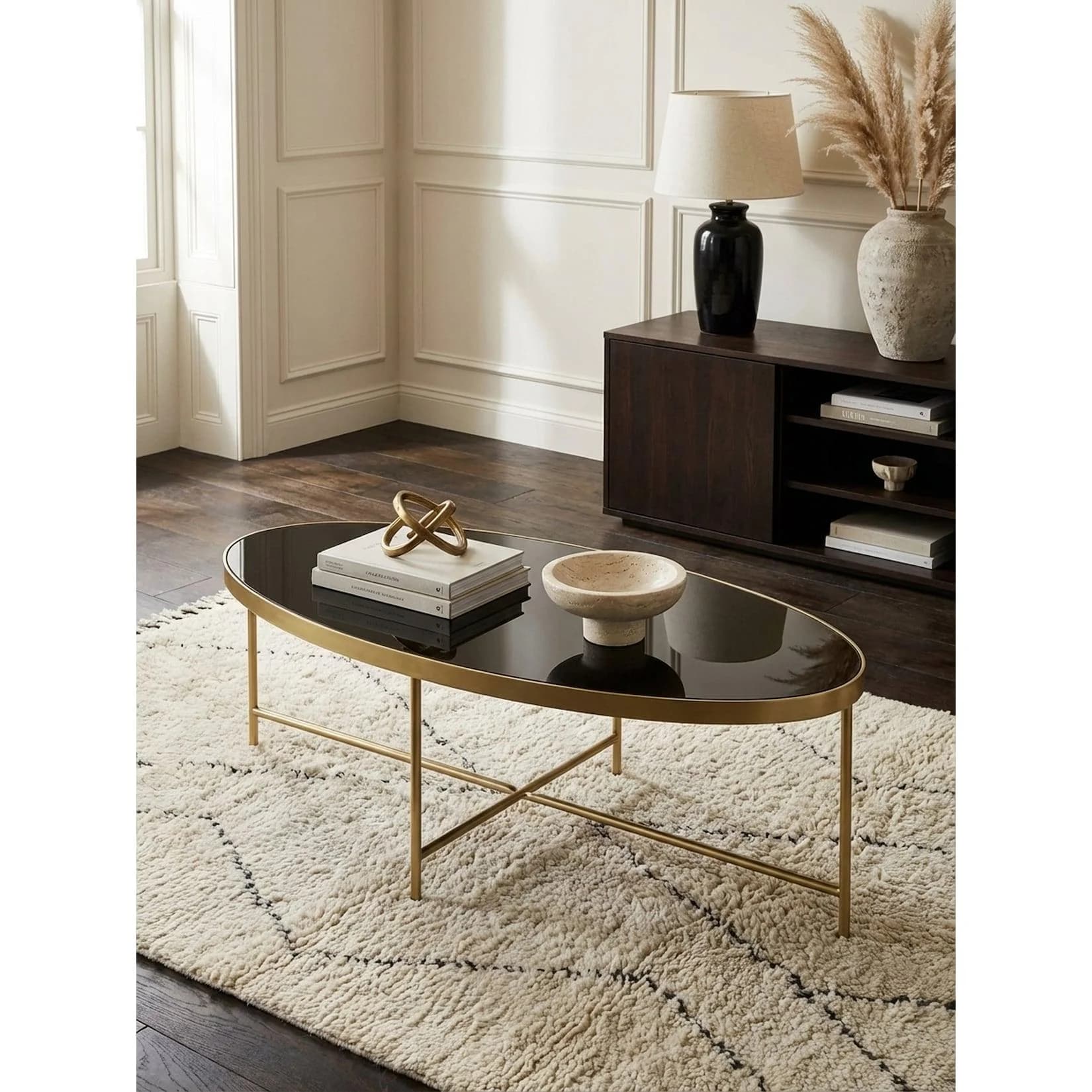 KADIMA DESIGN Couchtisch Oval Glas Schwarz Gold Metallgestell