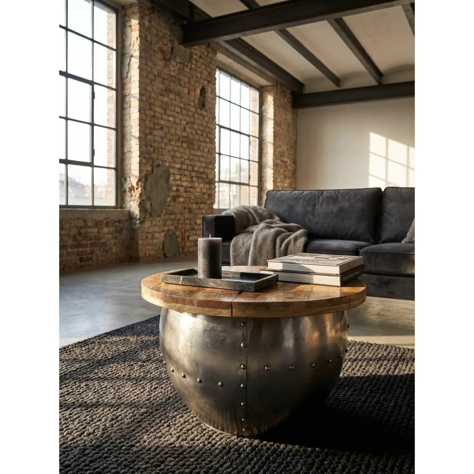 KADIMA DESIGN Couchtisch Mangoholz Metall Industrial 60x43x60 cm Rund Silber