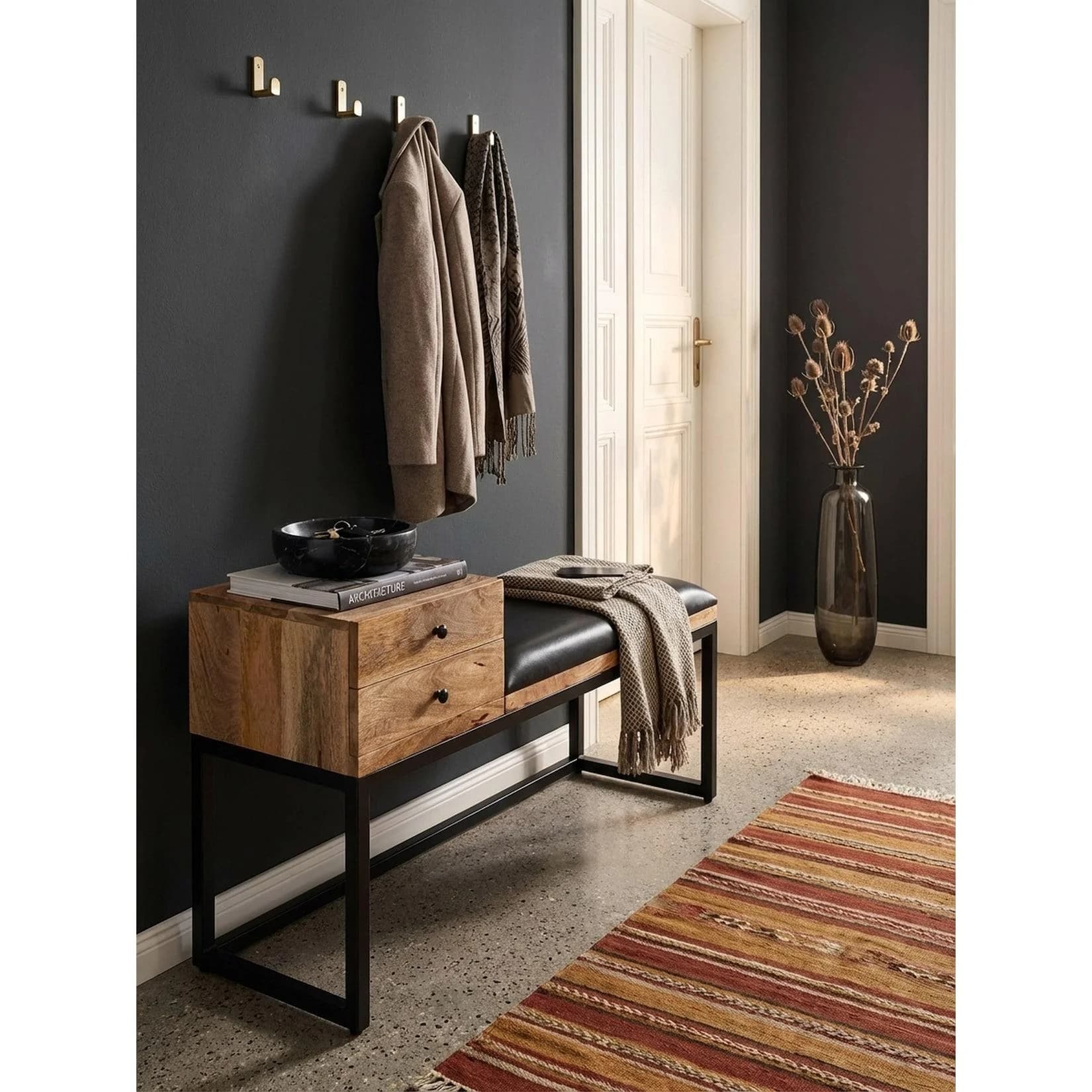 KADIMA DESIGN Sitzbank Ziegenleder Metall Schwarz mit Stauraum