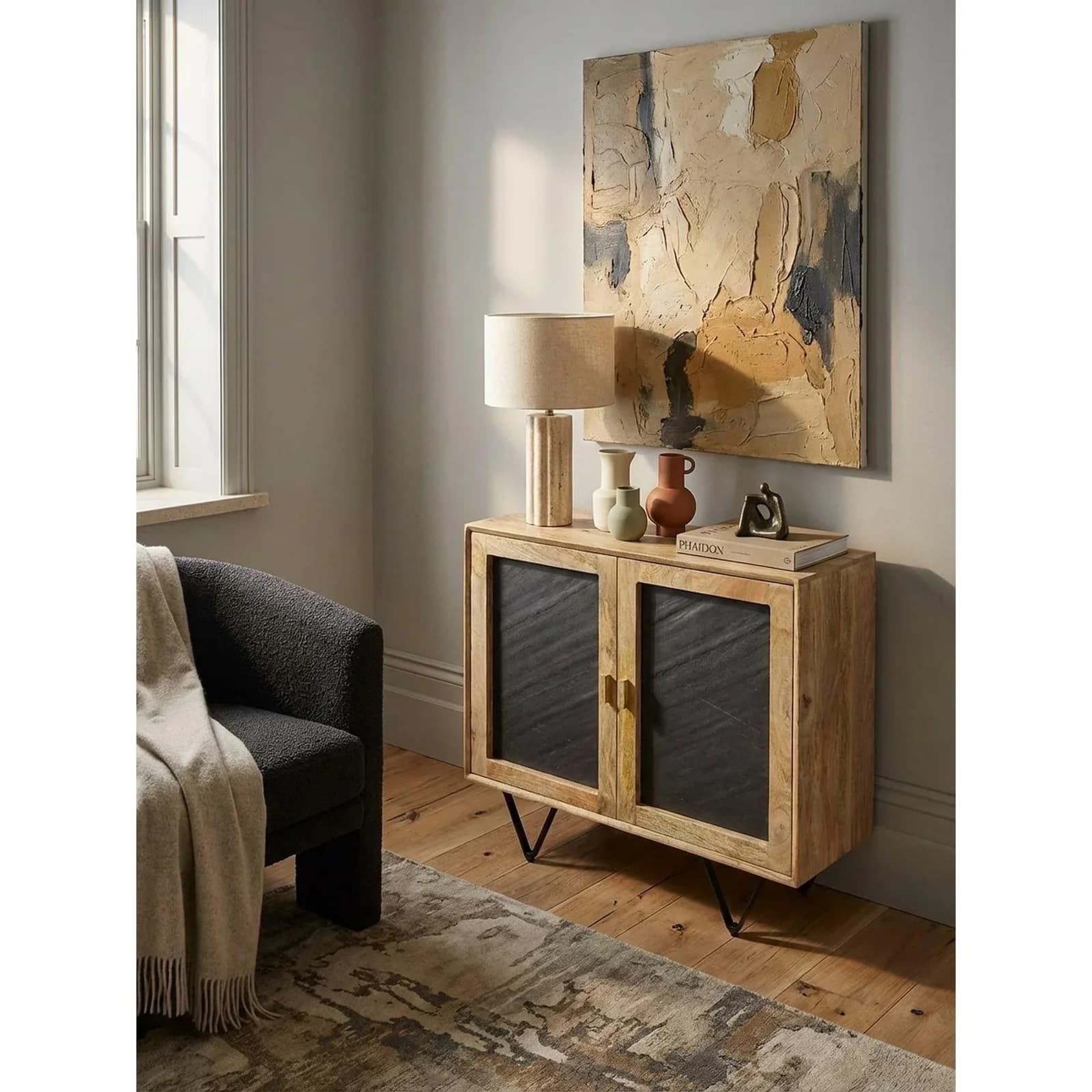 KADIMA DESIGN Sideboard Mango Massivholz Steinoptik Anthrazit Metallgestell