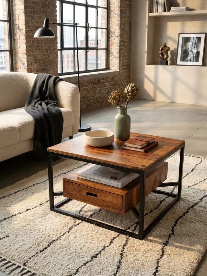 KADIMA DESIGN Couchtisch 60x60 Massivholz Metall Dunkelbraun - Bild 2