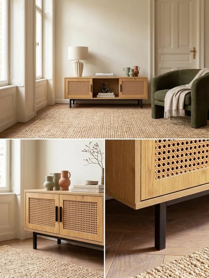 KADIMA DESIGN Lowboard Eiche-Dekor mit Wiener Geflecht Schiebetüren - Bild 4