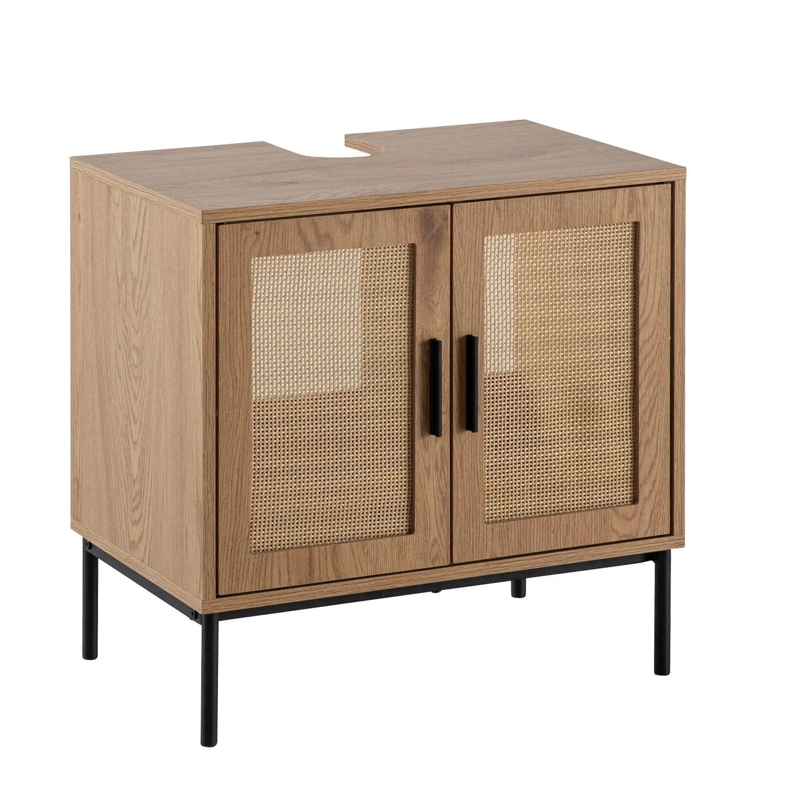 KADIMA DESIGN Waschbeckenunterschrank Eiche-Optik Braun mit Rattangeflecht