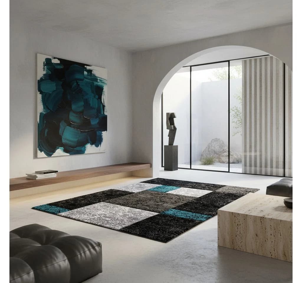 KADIMA DESIGN Teppich LATEMAR Türkis Karo Kurzflor