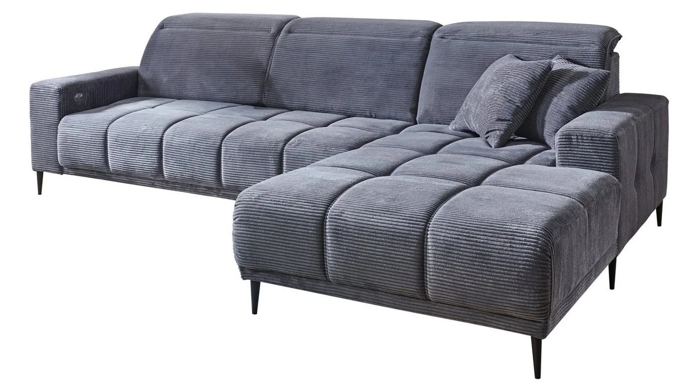 Massivart Ecksofa MARISOL Grau Cord Elektrische Sitztiefenverstellung