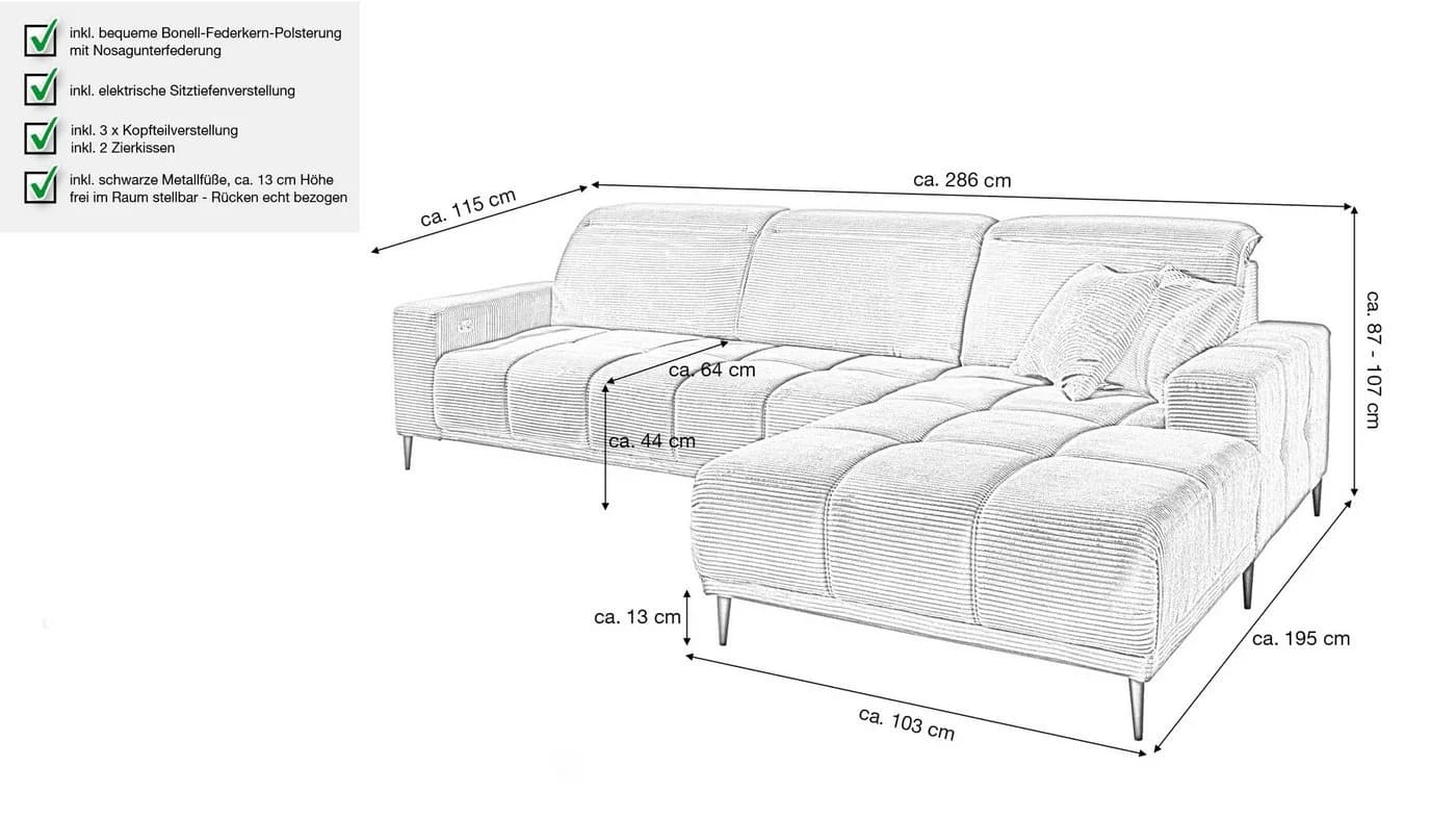 Massivart Ecksofa MARISOL Grau Cord Elektrische Sitztiefenverstellung - Bild 3