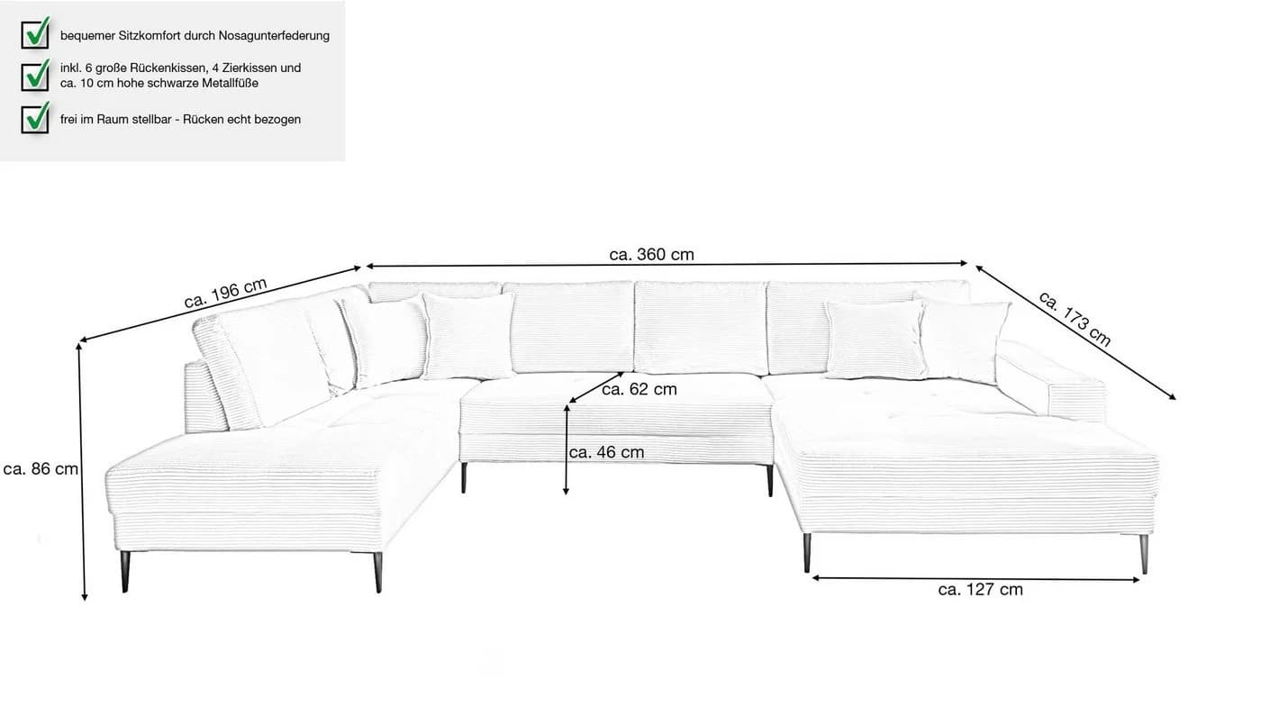 Massivart Wohnlandschaft Cord SUMMER Dunkelgrün mit Metallbeinen - Bild 3