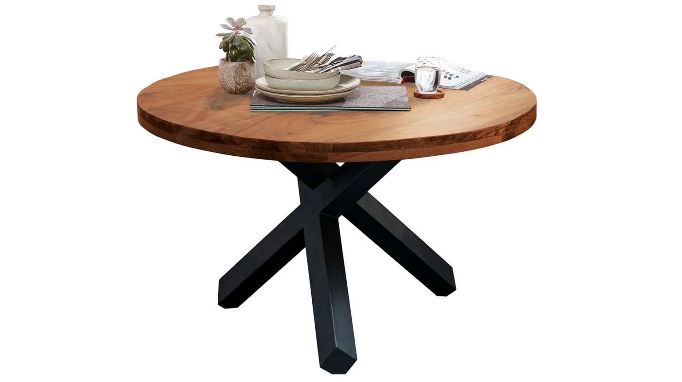 Massivart® Esstisch EDUARDO Massivholztisch Rund 130 cm Akazienholz Lackiert Metallgestell Schwarz - Bild 2