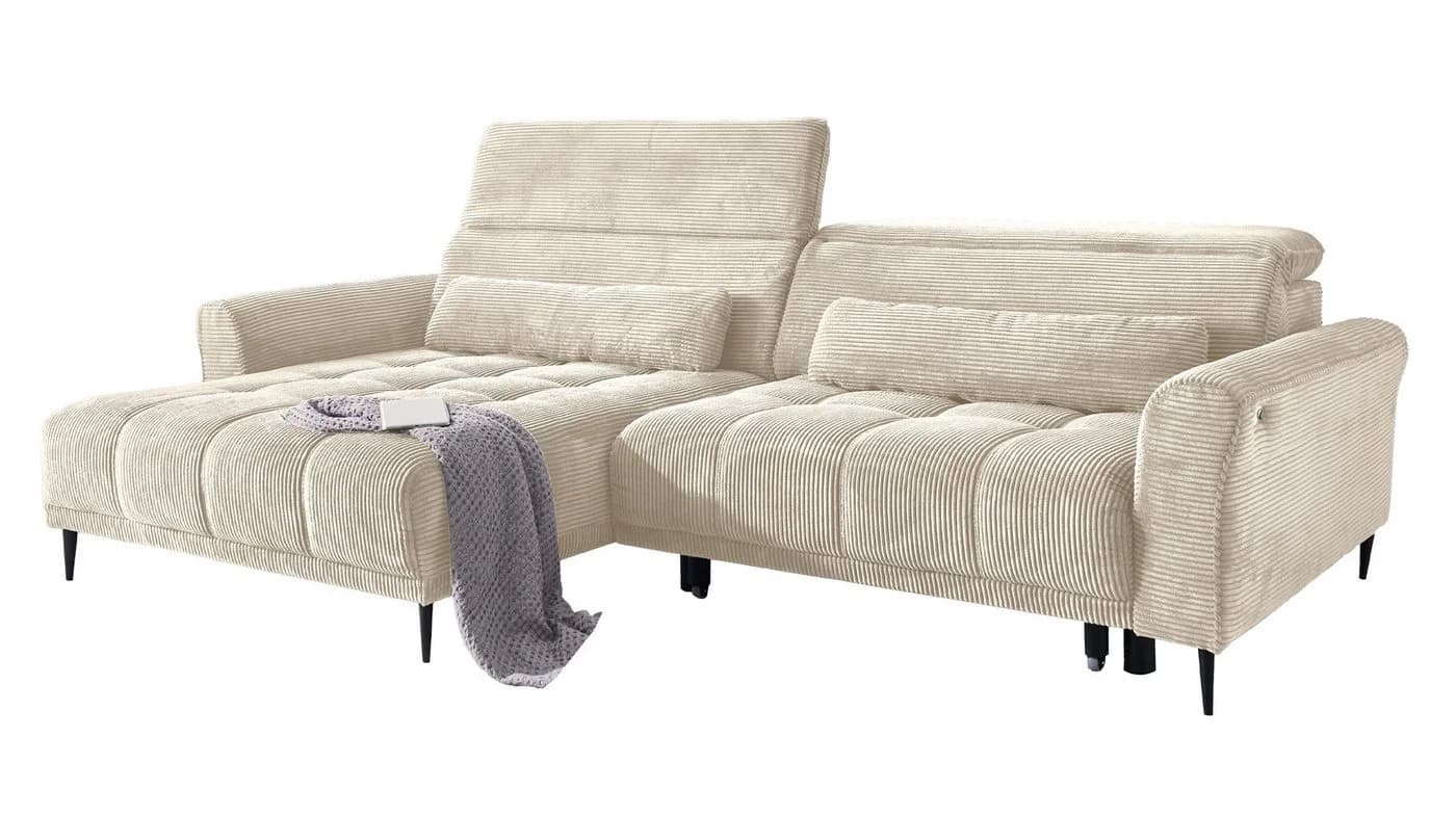 Massivart Ecksofa LOGAN Cord Beige mit elektrischer Sitztiefenverstellung