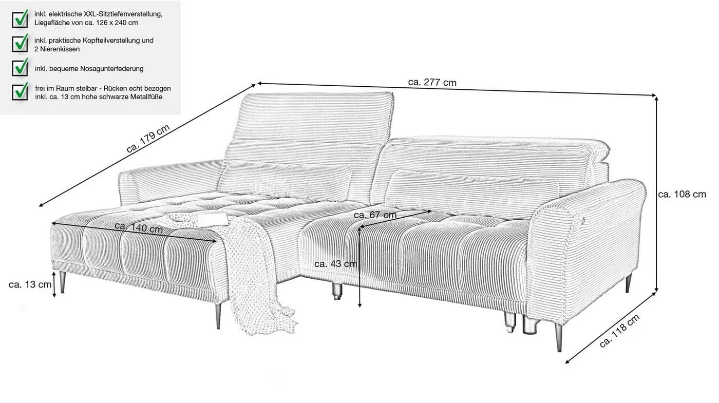 Massivart Ecksofa LOGAN Cord Beige mit elektrischer Sitztiefenverstellung - Bild 3