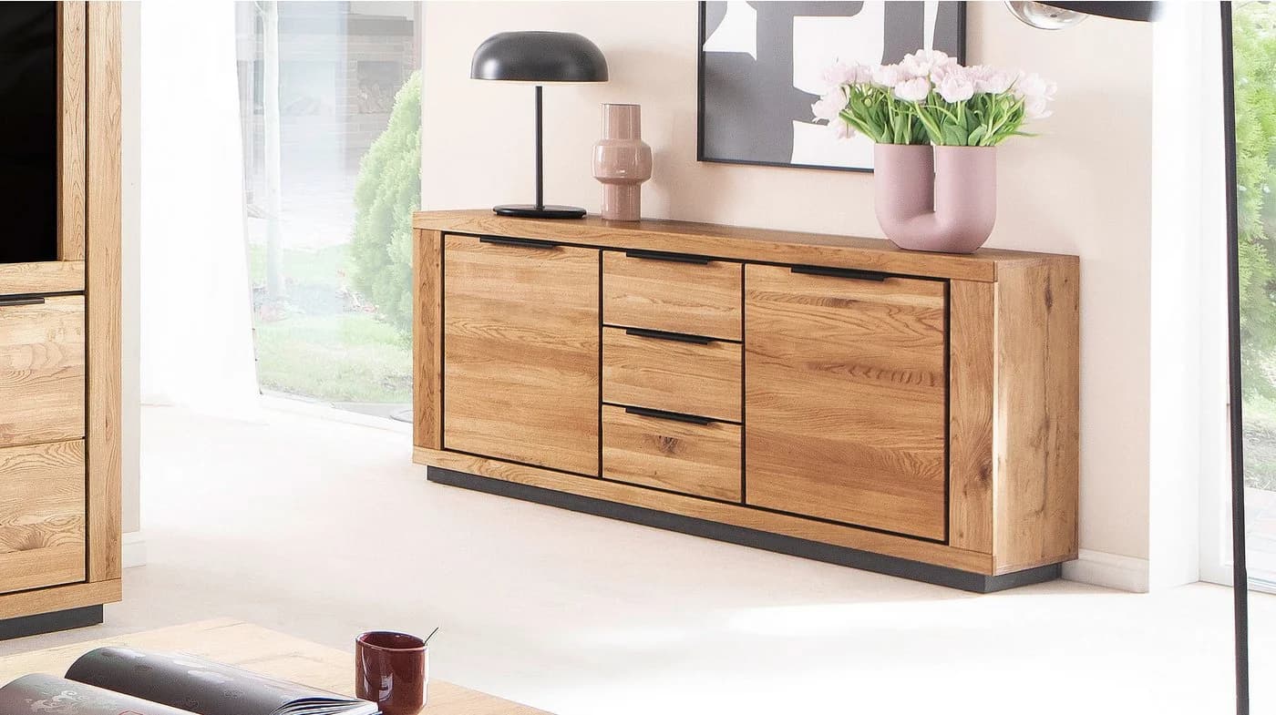 Massivart Sideboard GRENO Wildeiche Geölt Schwarz Metallgriffe