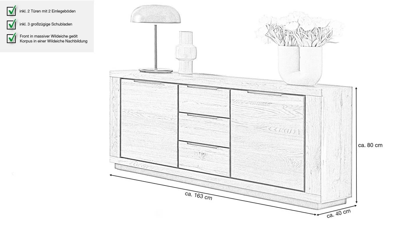Massivart Sideboard GRENO Wildeiche Geölt Schwarz Metallgriffe - Bild 3