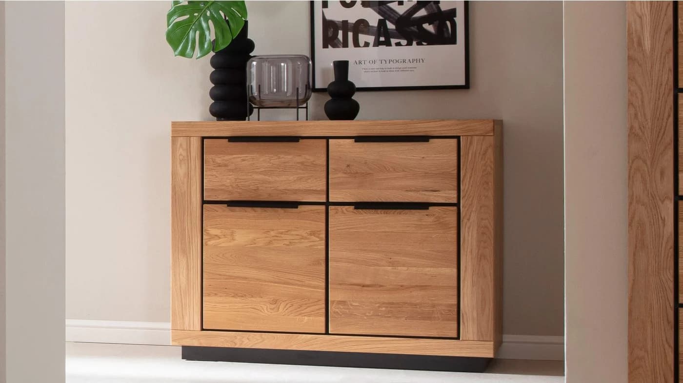 Massivart® Kommode GRENO 102 cm Wildeiche Massivholz Metallgriffe
