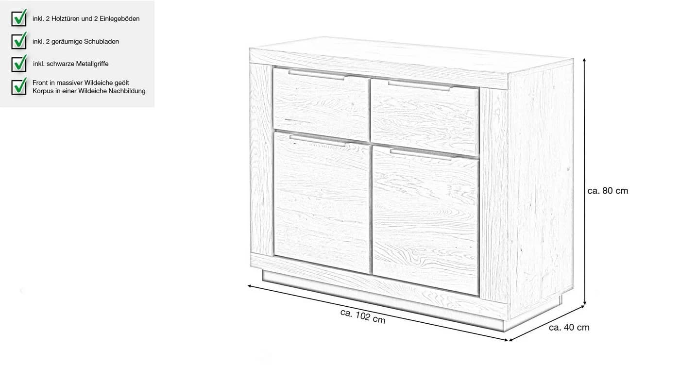 Massivart® Kommode GRENO 102 cm Wildeiche Massivholz Metallgriffe - Bild 3