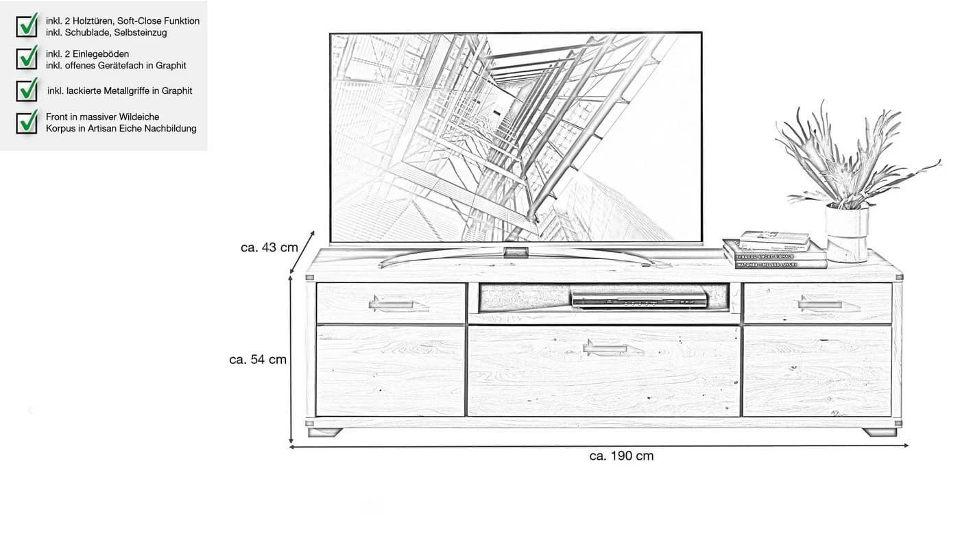Massivart® TV-Board CATANIA Wildeiche geölt Soft-Close Lowboard - Bild 3