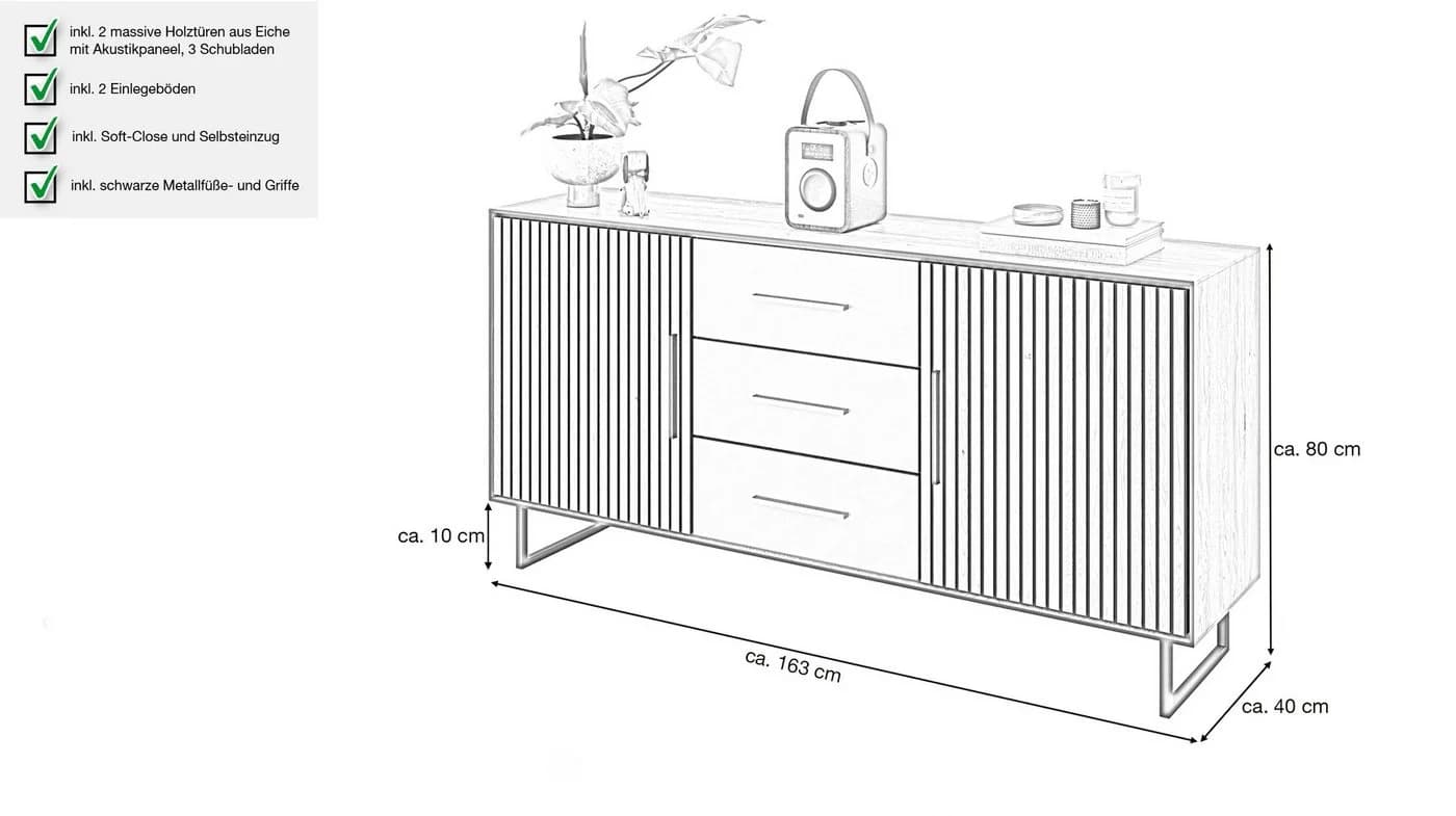 Massivart® Sideboard Bella 163 cm Massivholz Eiche geölt Metallgriffe Schwarz