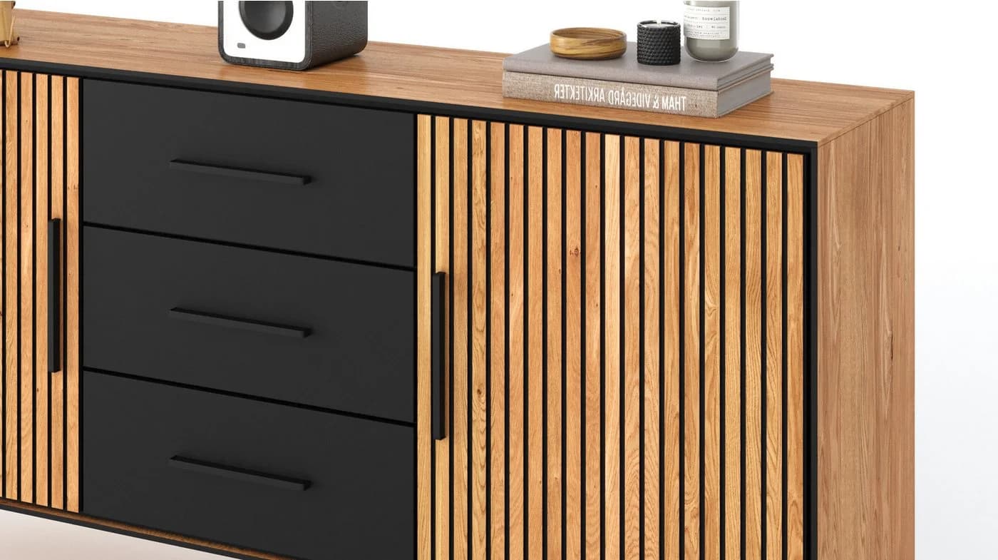 Massivart® Sideboard Bella 163 cm Massivholz Eiche geölt Metallgriffe Schwarz - Bild 3