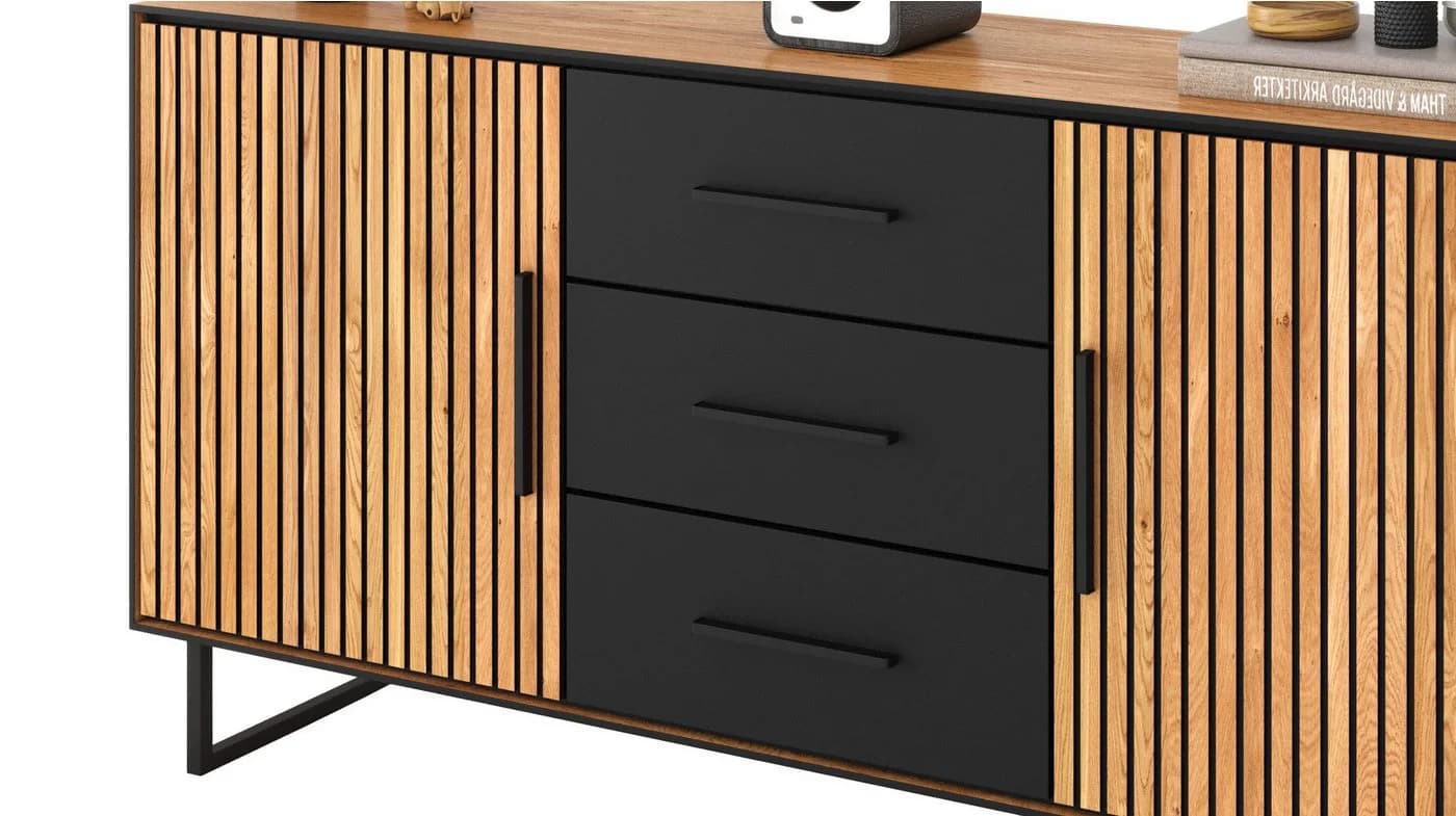 Massivart® Sideboard Bella 163 cm Massivholz Eiche geölt Metallgriffe Schwarz - Bild 4