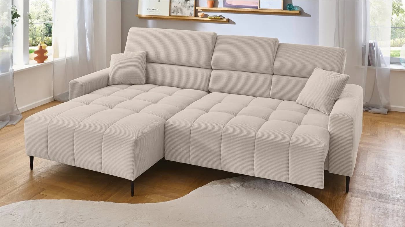 Massivart Ecksofa SIMPLE Beige Cord mit elektrischer Sitztiefenverstellung