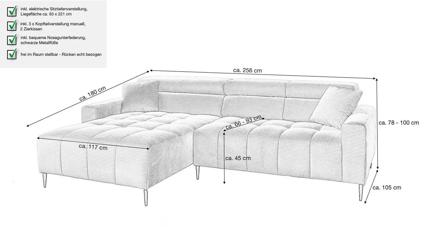 Massivart Ecksofa SIMPLE Beige Cord mit elektrischer Sitztiefenverstellung - Bild 3
