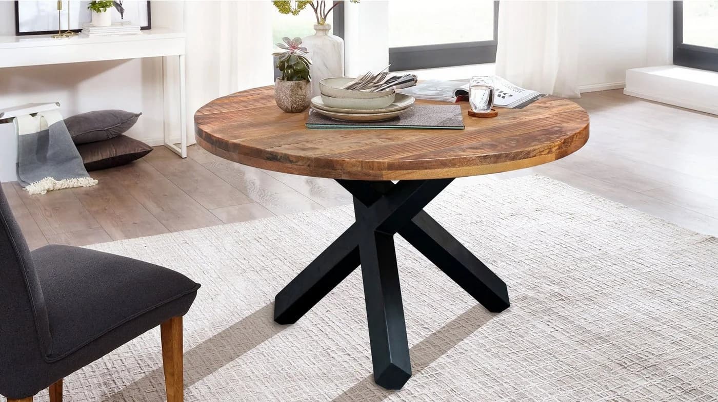 Massivart® Esstisch EDUARDO Runder Massivholztisch Mango Schwarz