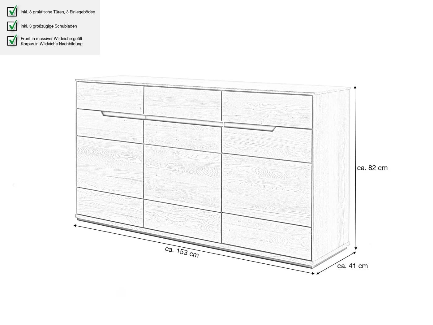 Massivart Sideboard Wildeiche geölt 153 cm mit Schubladen und Drehtüren - Bild 4
