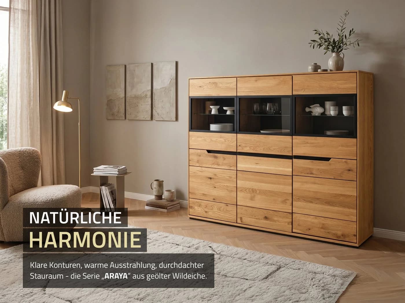 Massivart® Highboard ARAYA Wildeiche geölt mit Glastüren - Bild 3