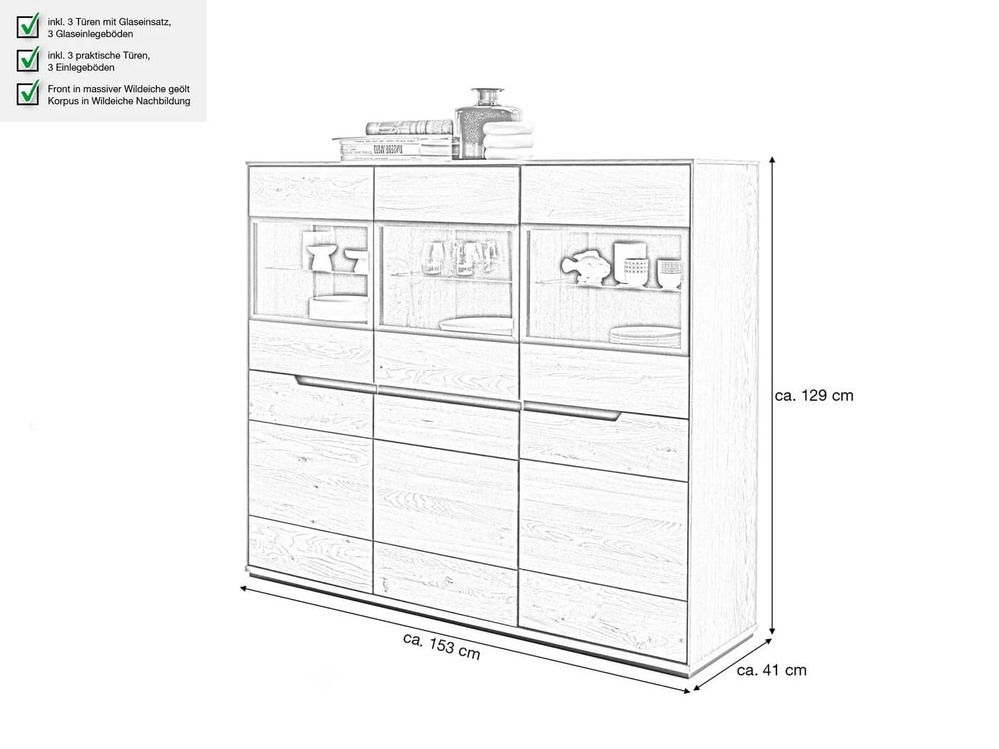 Massivart® Highboard ARAYA Wildeiche geölt mit Glastüren - Bild 4