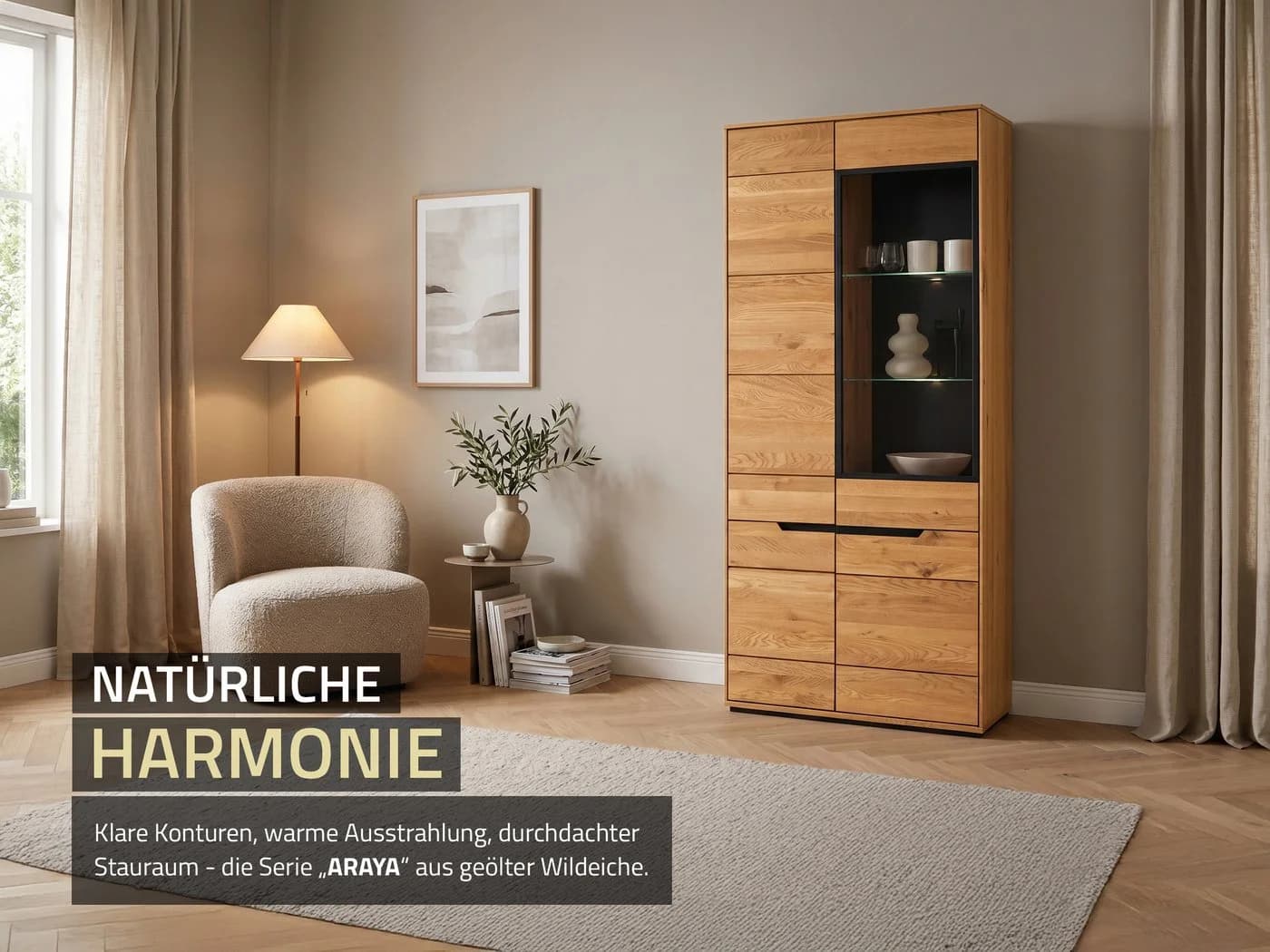 Massivart® Glasvitrine ARAYA Wildeiche geölt 4 Türen 6 Böden - Bild 3