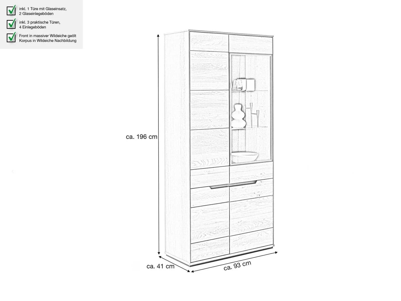 Massivart® Glasvitrine ARAYA Wildeiche geölt 4 Türen 6 Böden - Bild 4