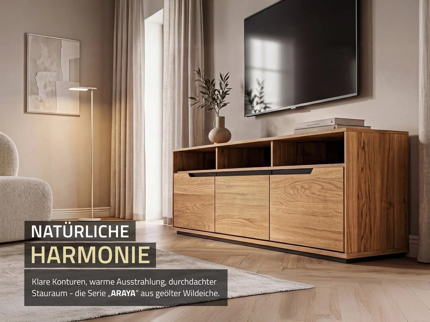 Massivart® Lowboard ARAYA Wildeiche geölt 153 cm mit Schubladen & Drehtüren - Bild 3