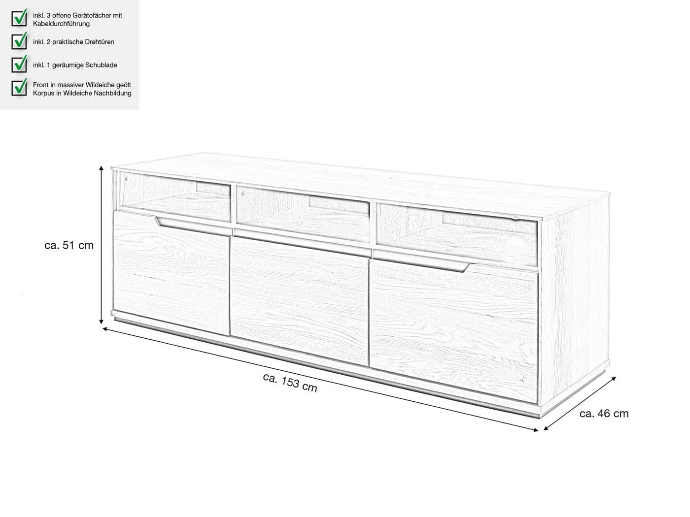 Massivart® Lowboard ARAYA Wildeiche geölt 153 cm mit Schubladen & Drehtüren - Bild 4