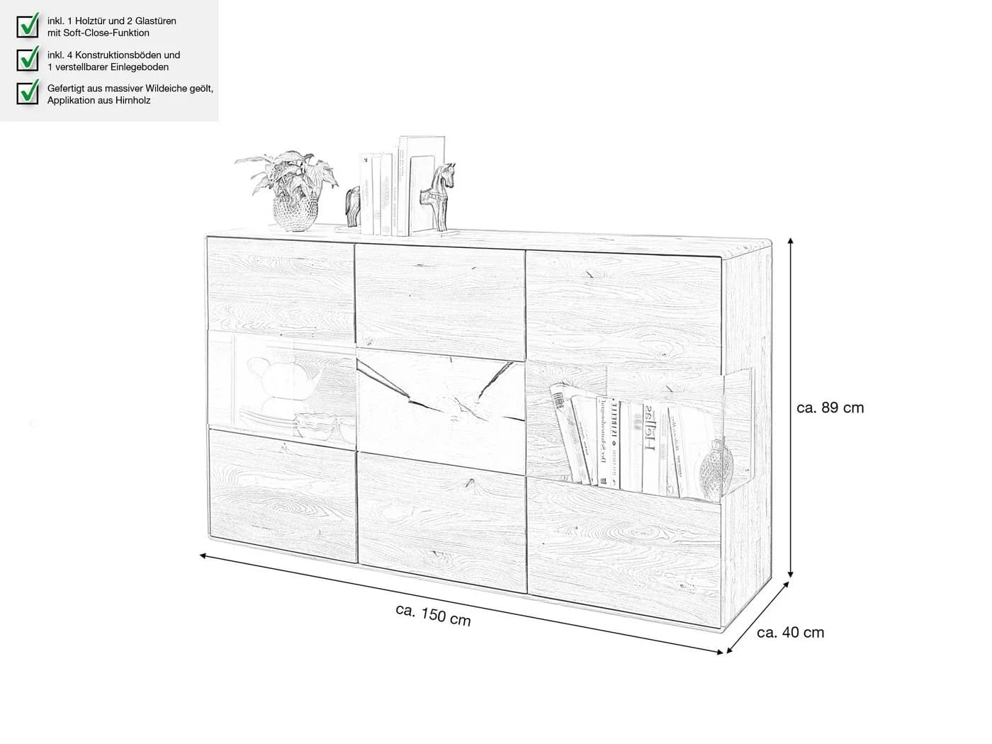 Massivart Sideboard TORVEN Massivholz Wildeiche geölt mit Soft-Close - Bild 4