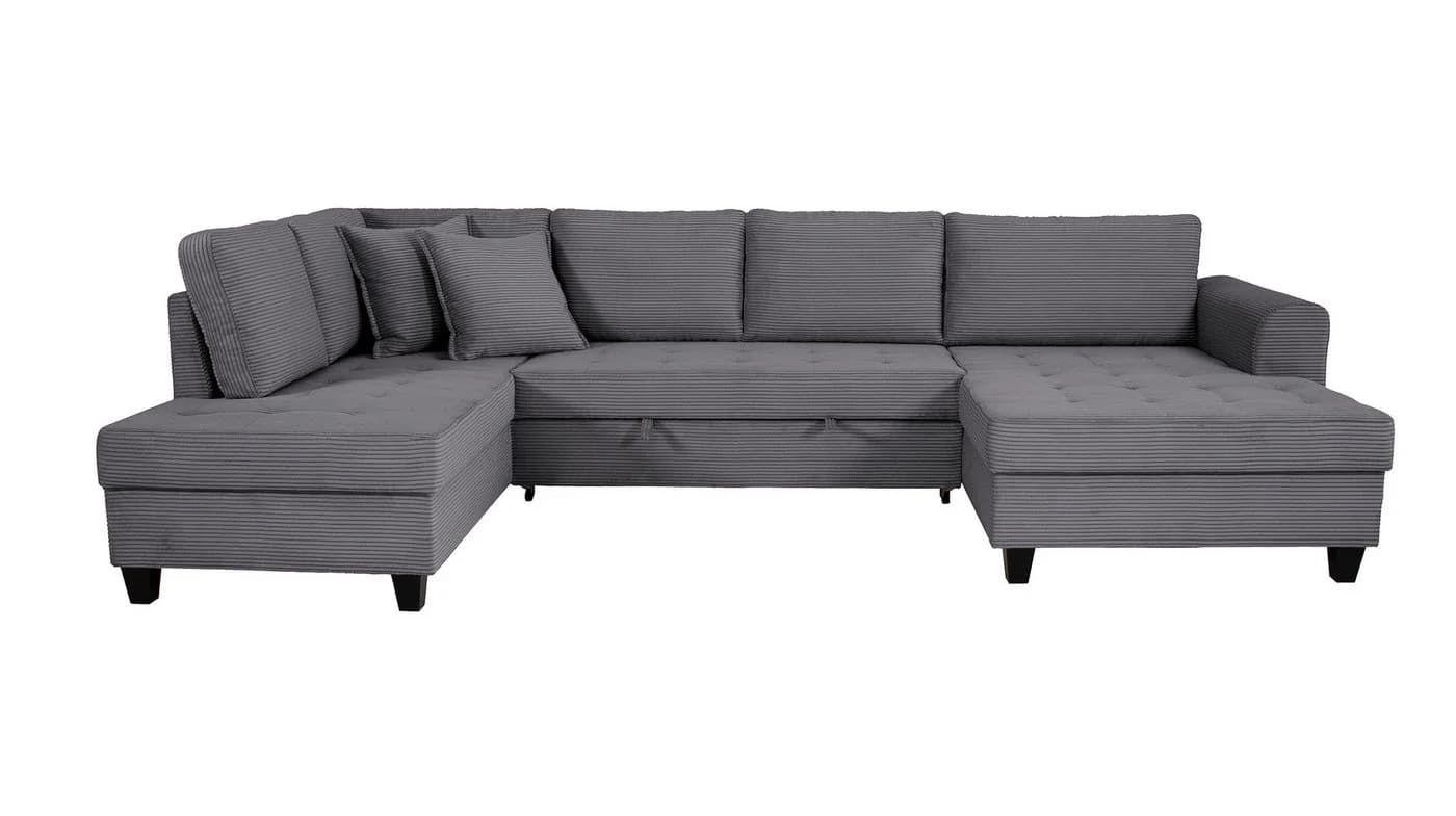 Massivart Wohnlandschaft Cord grau mit Schlaffunktion & Bettkasten