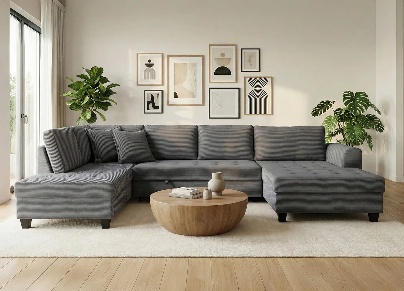 Massivart Wohnlandschaft Cord grau mit Schlaffunktion & Bettkasten - Bild 2