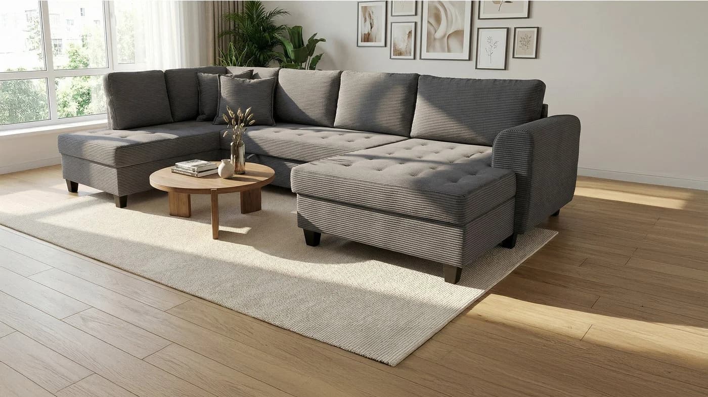 Massivart Wohnlandschaft Cord grau mit Schlaffunktion & Bettkasten - Bild 3