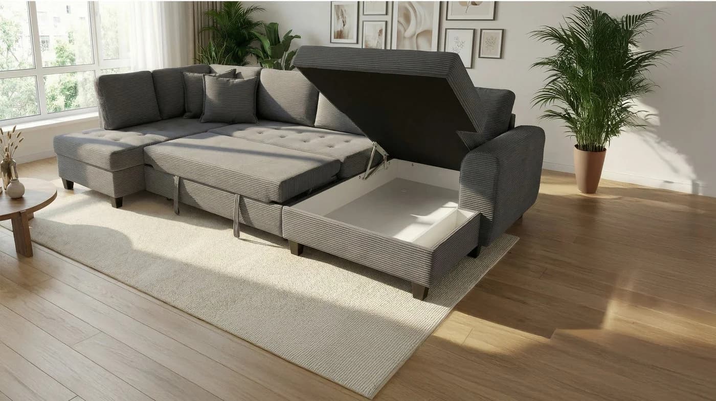 Massivart Wohnlandschaft Cord grau mit Schlaffunktion & Bettkasten - Bild 4