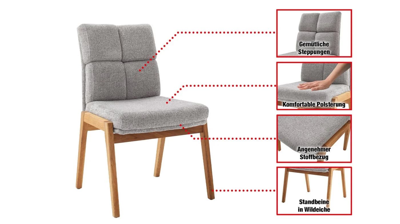 Massivart® Polsterstuhl Esszimmerstuhl Stoffbezug Grau Steppung Lauren Wildeiche - Bild 3
