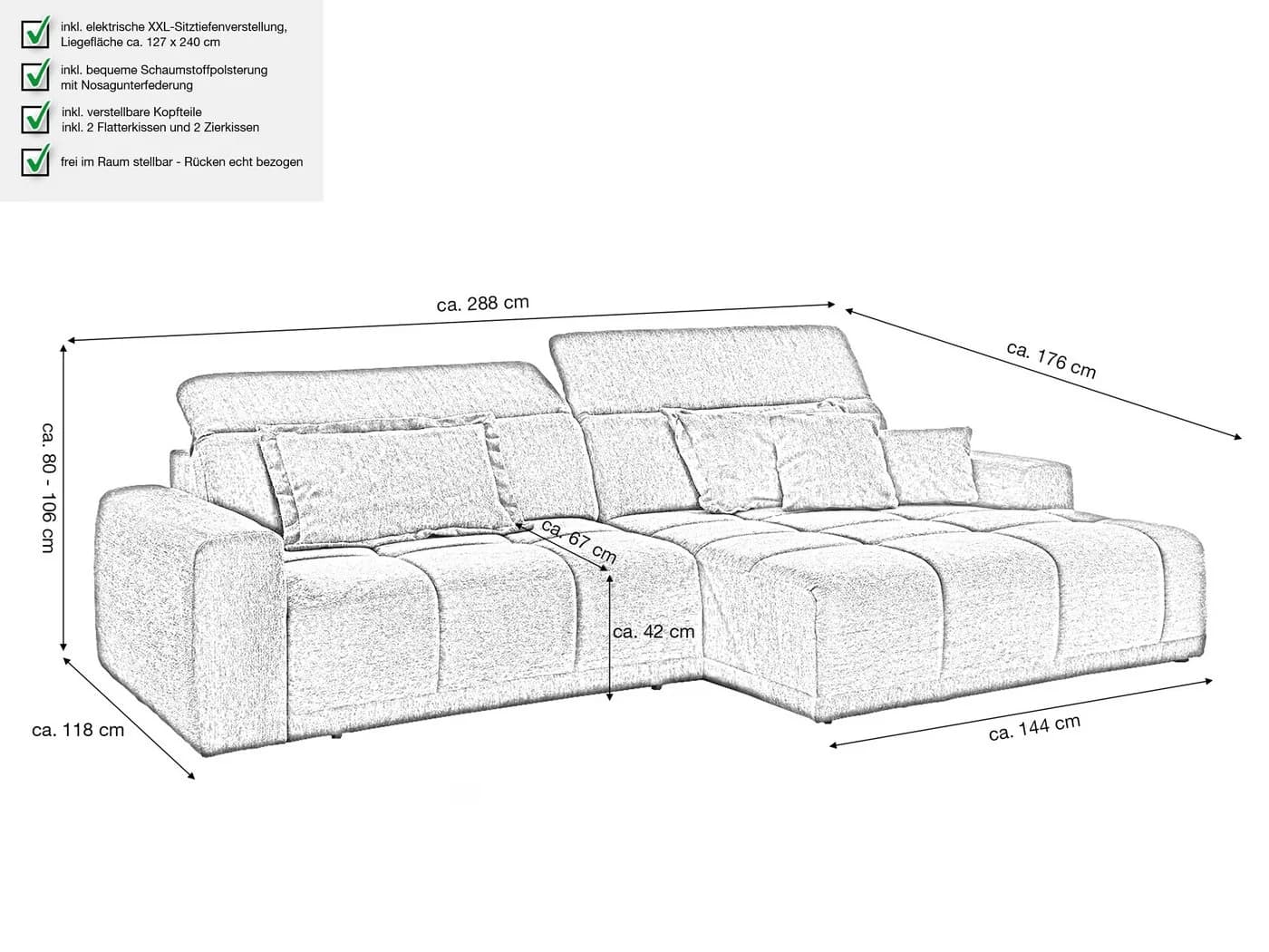 Massivart Ecksofa BROOK Anthrazit Bouclé Elektrische Sitztiefenverstellung