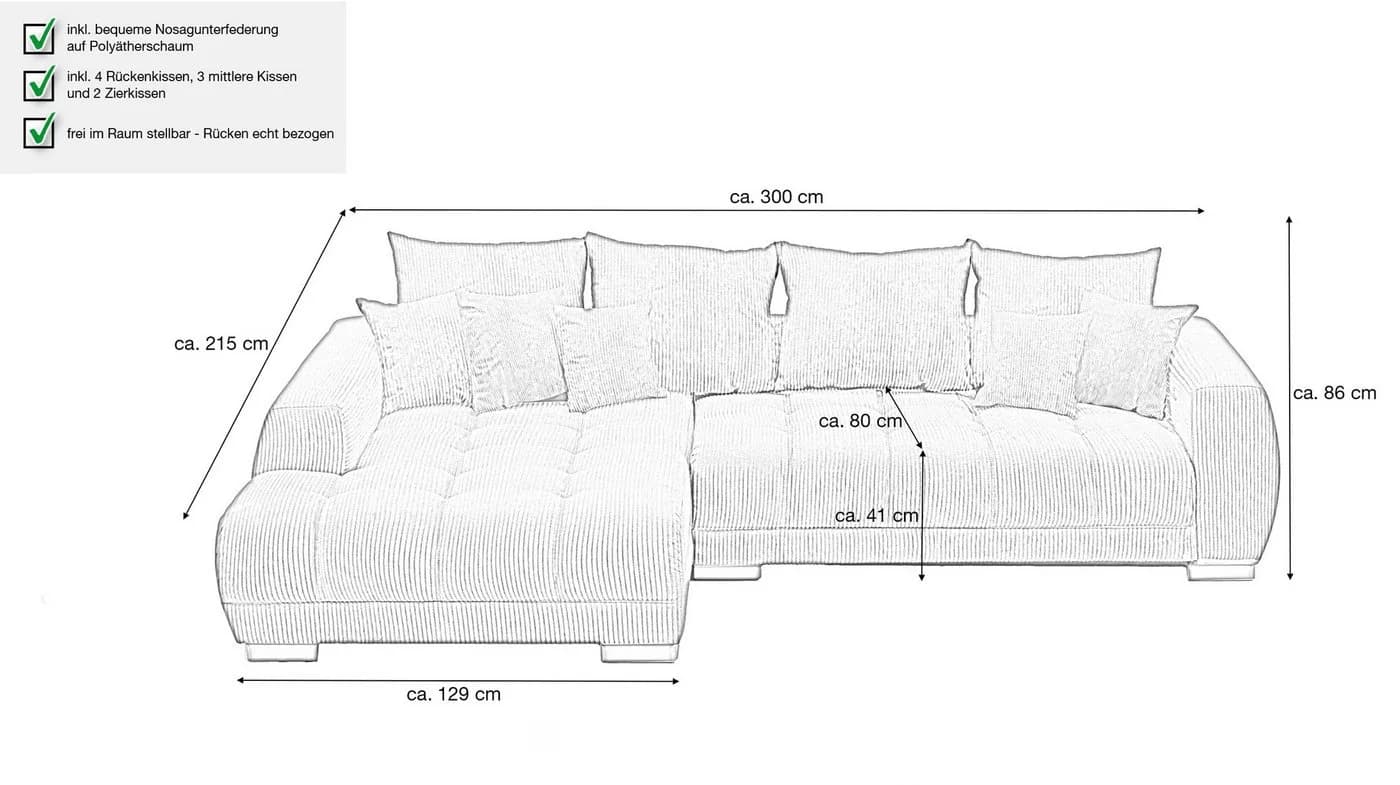 Massivart® Ecksofa Cord 300x215 cm Nosagfederung Grün - Bild 3