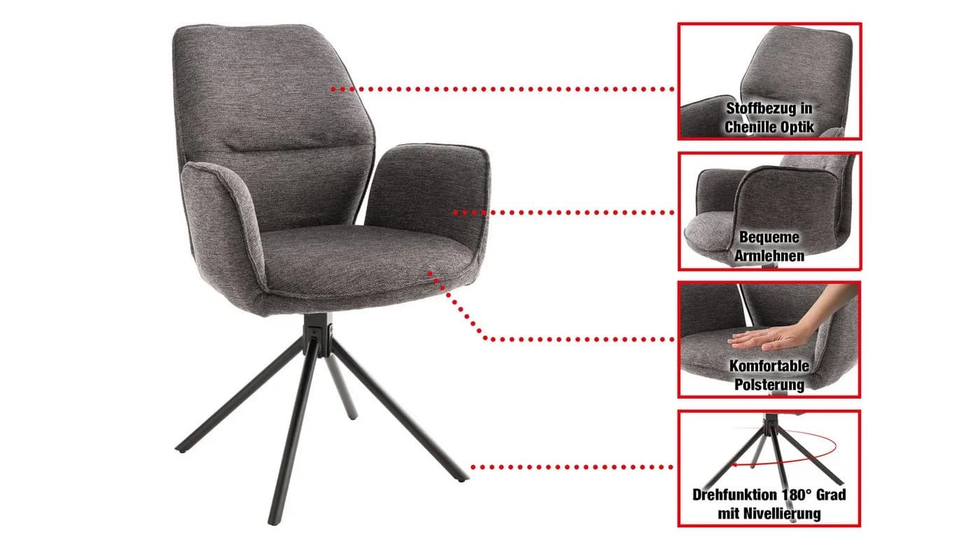 Massivart® Polsterstuhl drehbar Esszimmerstuhl Chenille-Optik Armlehne Greyton - Bild 3