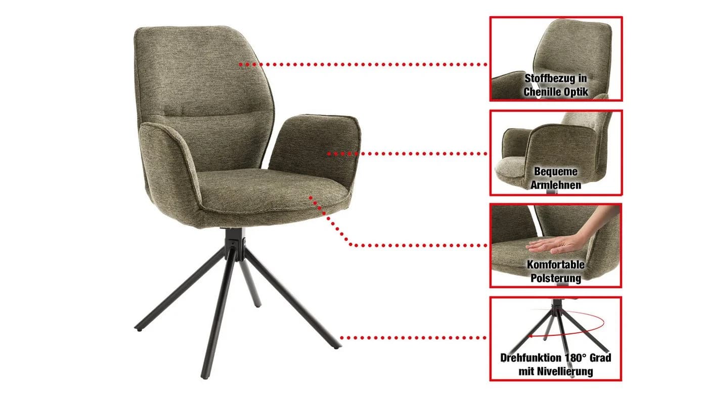 Massivart® Polsterstuhl GREYTON Esszimmerstuhl Chenille-Optik Armlehne - Bild 3