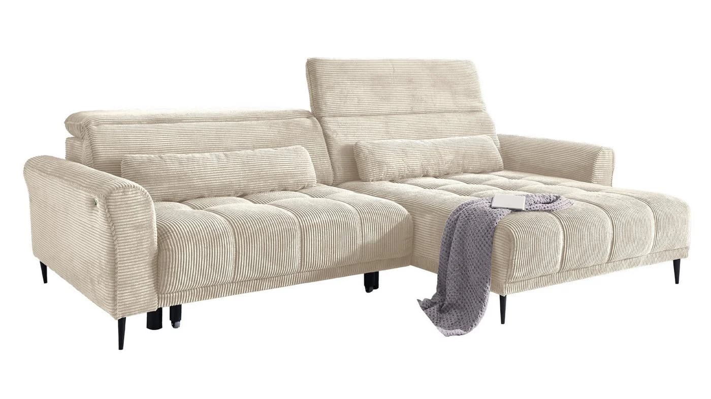 Massivart® Ecksofa LOGAN Cord Beige mit elektrischer Sitztiefenverstellung