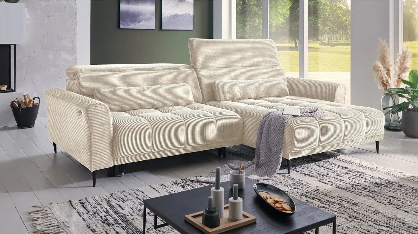 Massivart® Ecksofa LOGAN Cord Beige mit elektrischer Sitztiefenverstellung - Bild 2