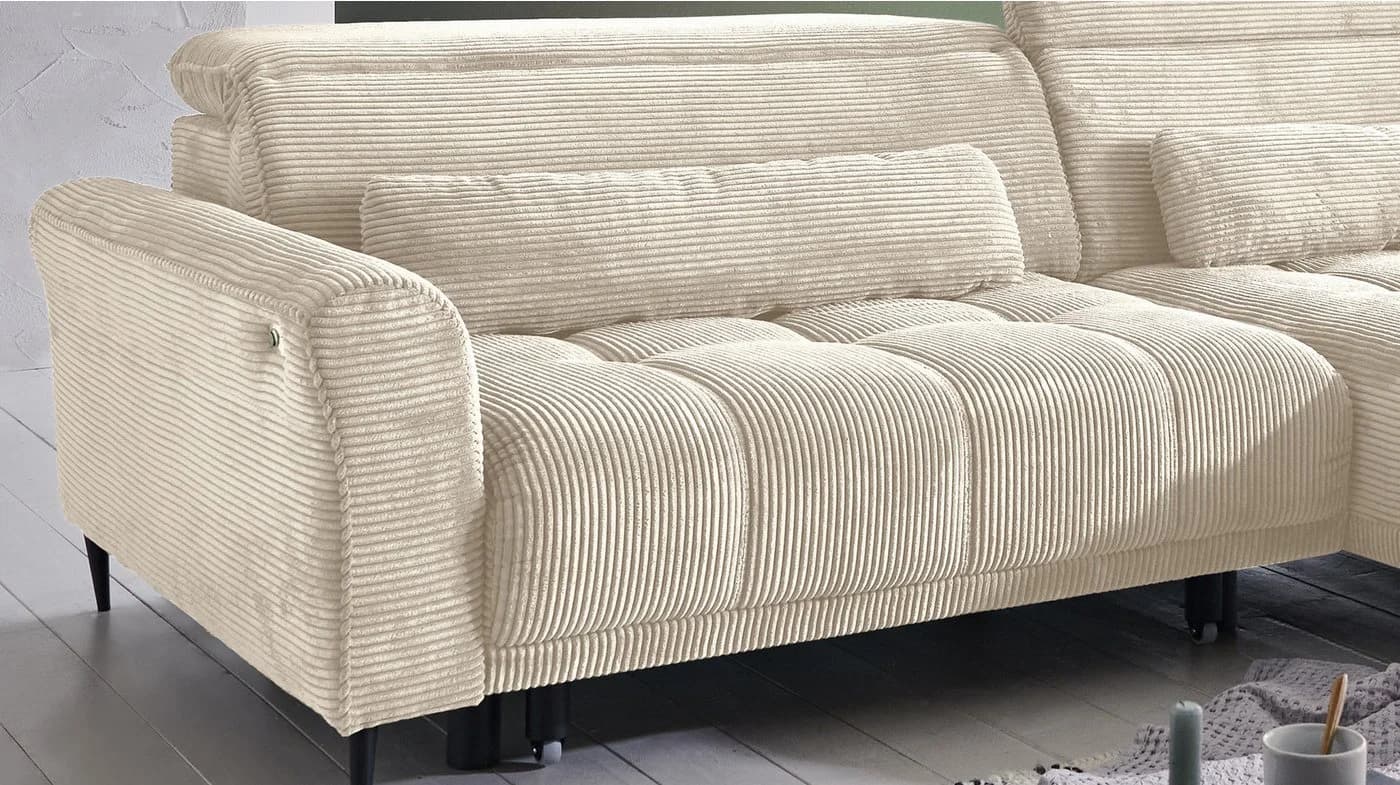 Massivart® Ecksofa LOGAN Cord Beige mit elektrischer Sitztiefenverstellung - Bild 5