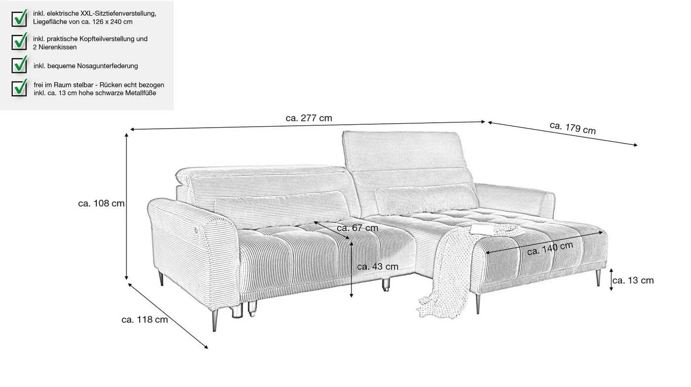 Massivart® Ecksofa Cord 277 cm Grau Nosagfederung - Bild 3