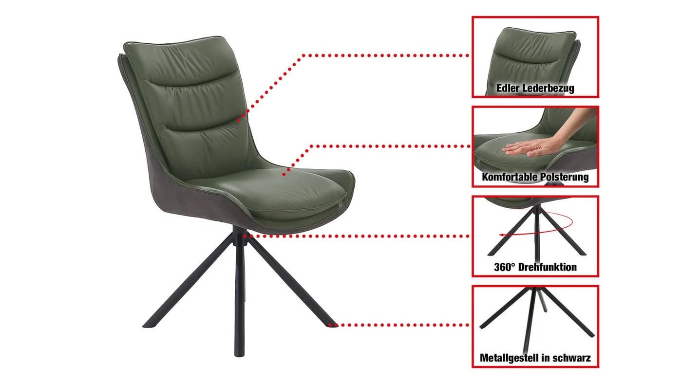 Massivart® Polsterstuhl drehbar 360 Grad, Esszimmerstuhl aus Echtleder & Stoff, »MAURICE" - Bild 3