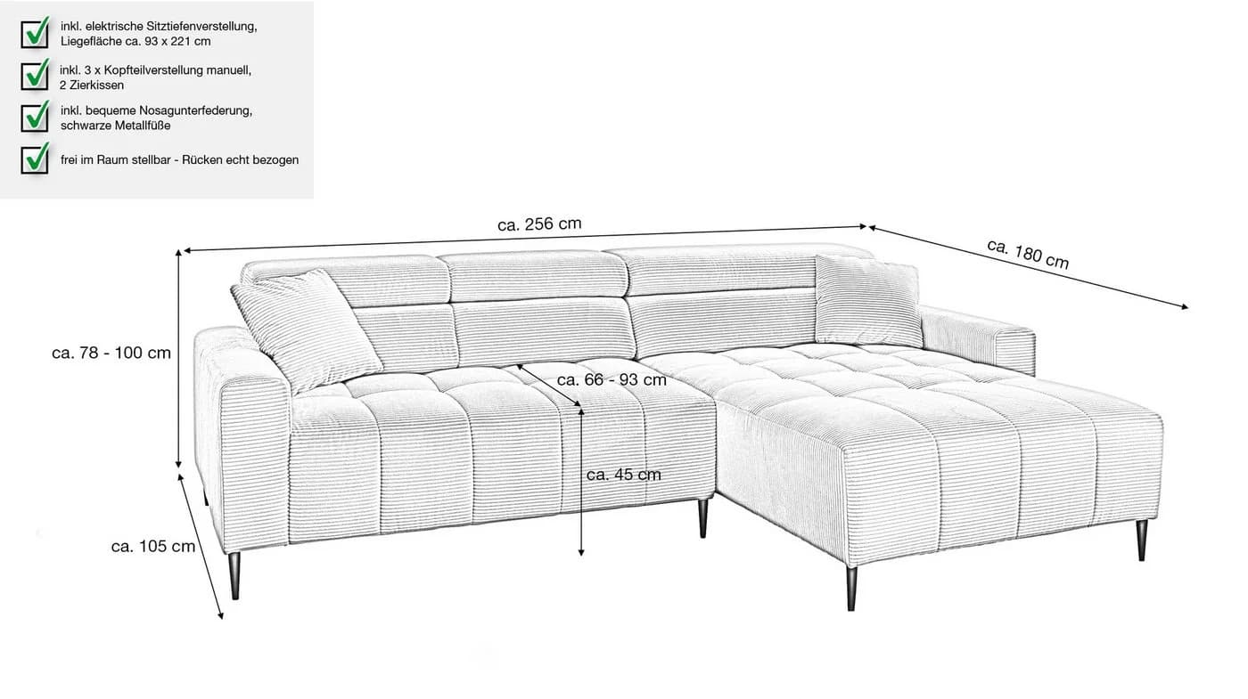 Massivart® Ecksofa Cord 256 cm mit Sitztiefen- & Kopfteilverstellung - Bild 3