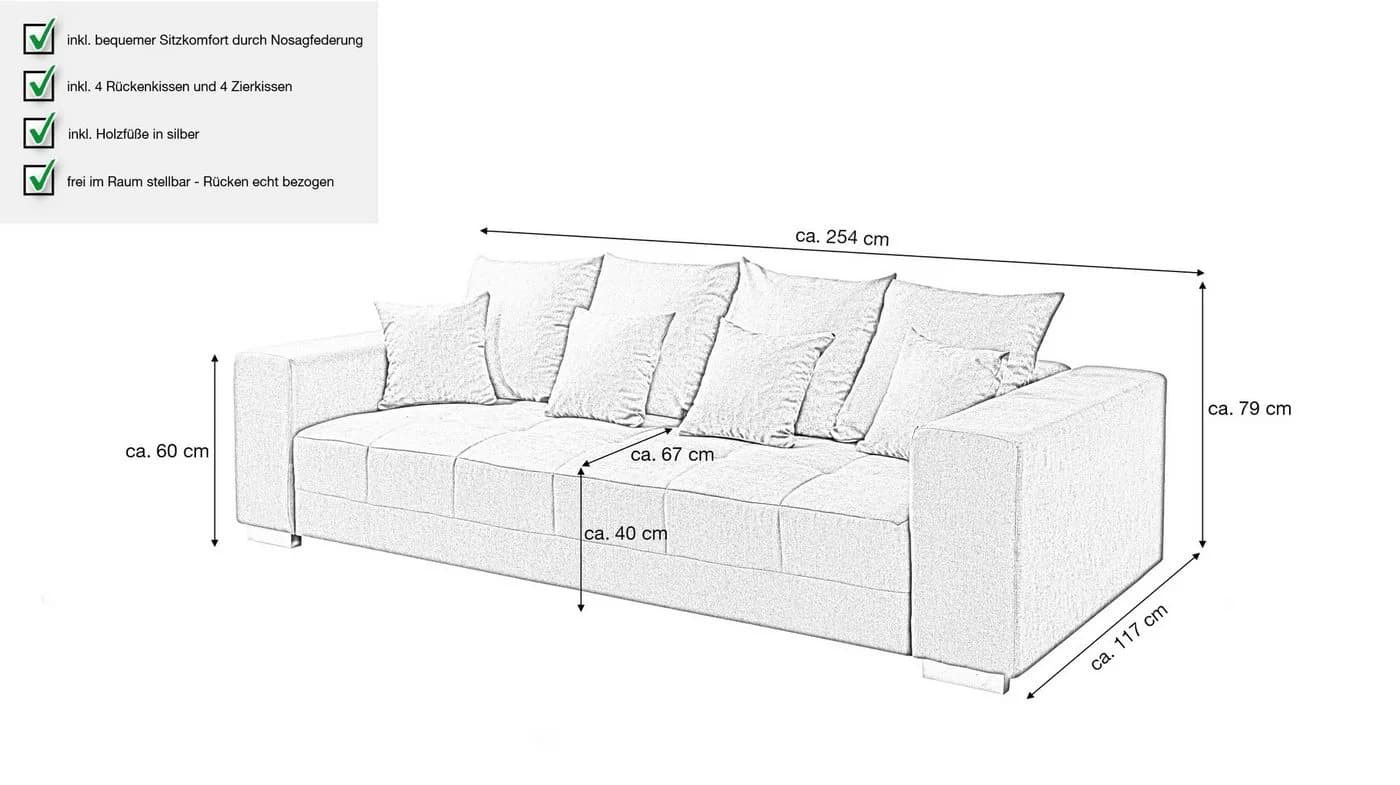 Massivart® Big-Sofa Stoff grau 254 cm Nosagfederung 4-Sitzer BORNEO - Bild 5