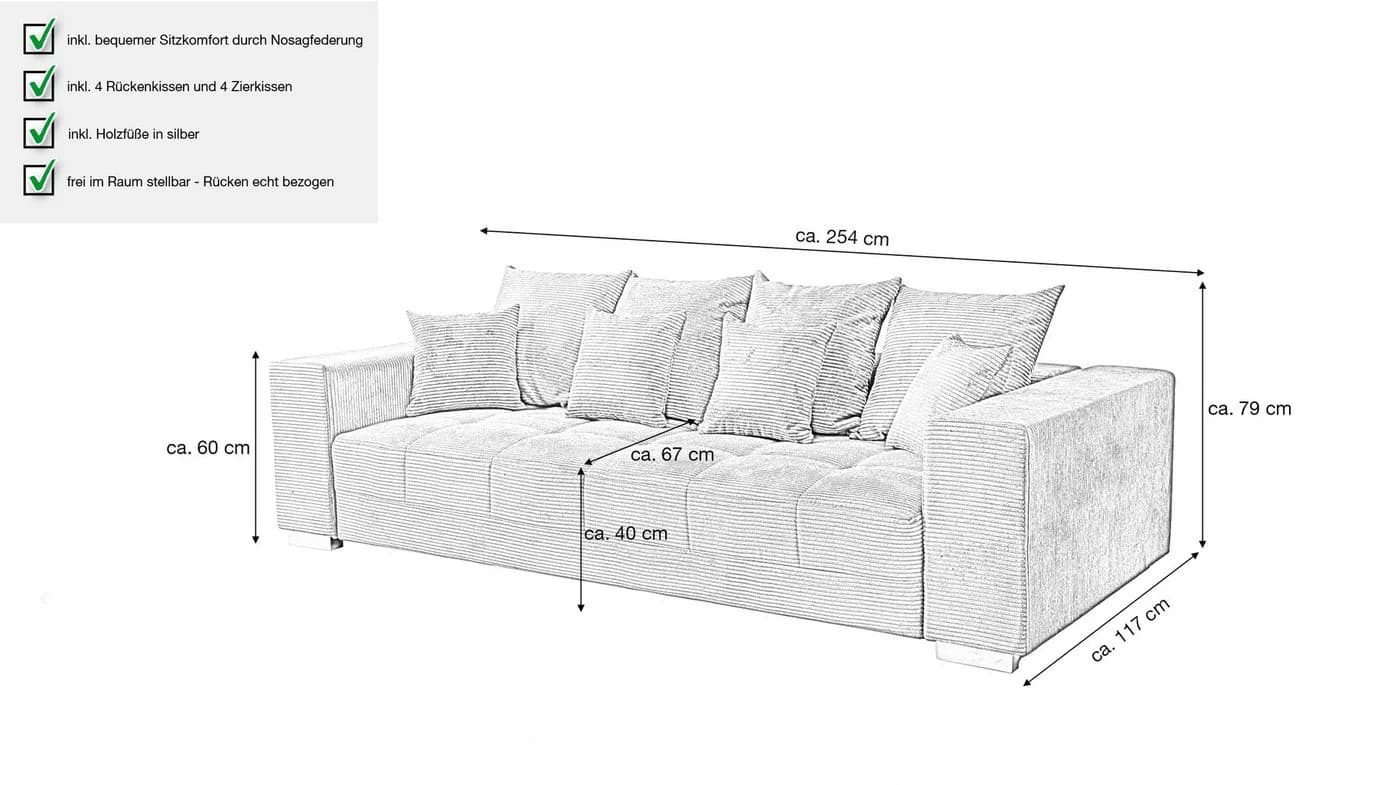 Massivart® Big-Sofa Cord grau 254 cm 4-Sitzer Cordsofa BORNEO - Bild 4